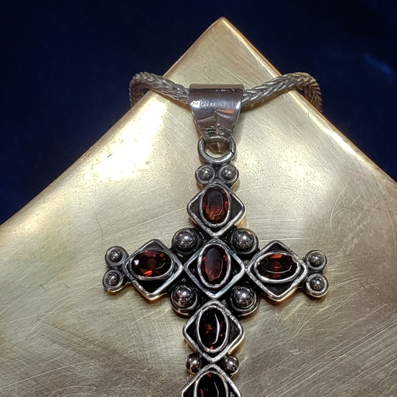 Sterling Silver Ornate Garnet Cross Necklace - Picture 9 of 16